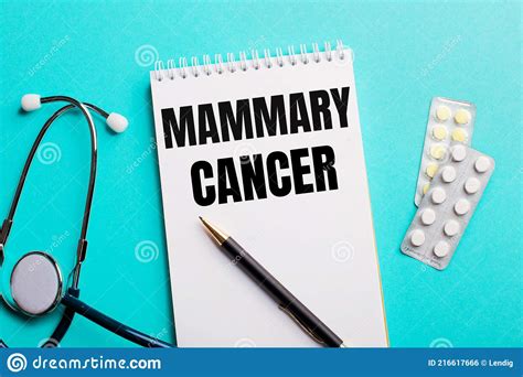 MAMMARY CANCER Written In A White Notepad Near A Stethoscope Pens And Pills On A Light Blue