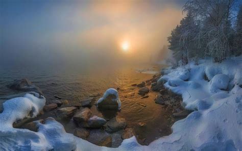 2880206 Nature Landscape Mountains Snow Lake Sunset Mist Cold Moose