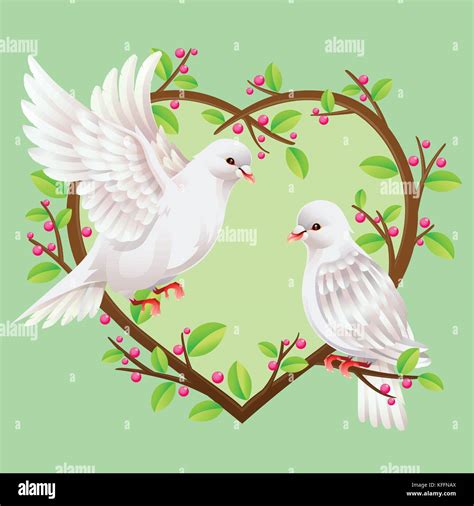 Two Doves On A Heart Shape Tree Vector Illustration Stock Vector Image