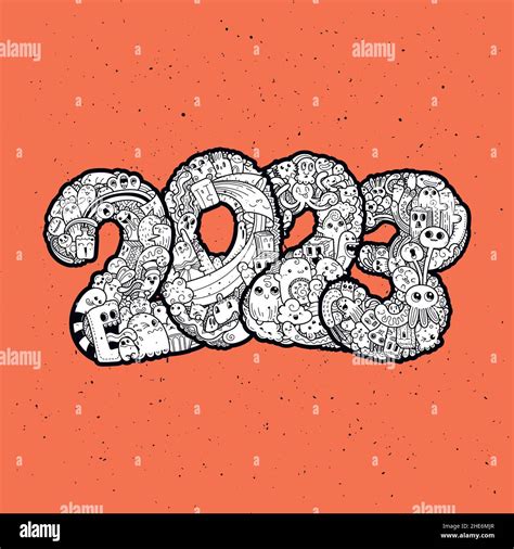 New Year 2023 Monster Doodle Date Ornate Holiday Symbol Vector