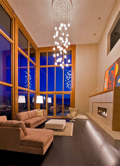 Elobarate Cascading Chandelier In Living Room With High