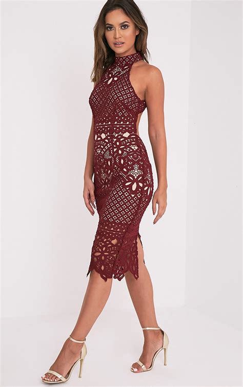 Hanny Burgundy Crochet Lace Backless Midi Dress Prettylittlething Usa