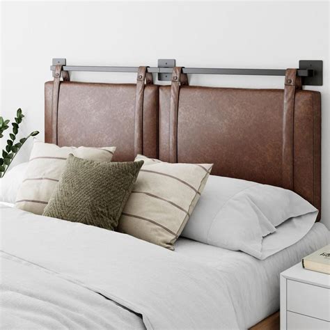 This headboard includes lightweight panels covered in either… update your bedroom by choosing nathan james harlow vintage brown queen wall mount faux leather upholstered headboard adjustable straps and black metal rail. Nathan James Harlow 62 in. Vintage Brown Queen Wall Mount Faux Leather Upholstered Headboard ...