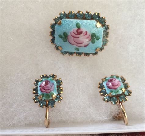 Vintage Guilloche Enameled Screw Back Earrings And Brooch Claw Etsy