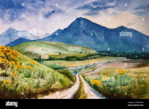 Watercolor Illustration Landscape Of A Mountain Valley Sunset Sunrise