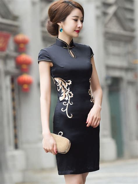 Black Embroidered Qipao Cheongsam Dress With Lace Back Cozyladywear
