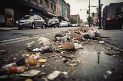 Macro Shot Of Trash And Debris Strewn Across City Street Stock