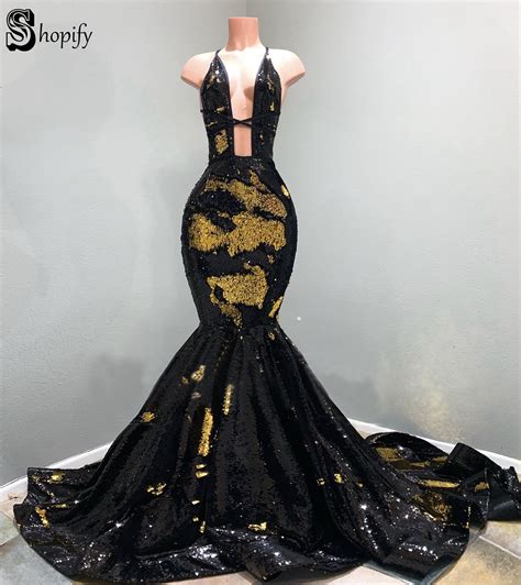Long Prom Dresses 2019 Sexy Mermaid Style Halter Gold And Black Sequin