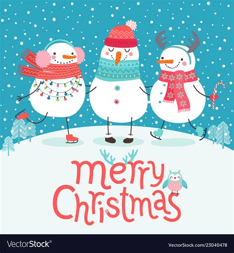 Cute Snowmen Hugging Merry Christmas Card Vector Image
