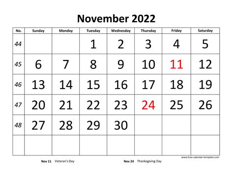 National Holiday Annual Calendar November 2022 Calendar Template