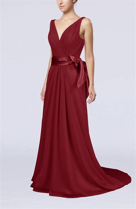 Dark Red Bridesmaid Dress Elegant A Line V Neck Sleeveless Chiffon