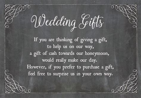 Easy to use websites like the knot'sour digital cash instead, let the registry do the talking for you. Chalkboard Wedding Gift Wish Card from £0.40 each