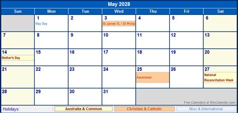 May 2028 Australia Calendar With Holidays For Printing Image Format