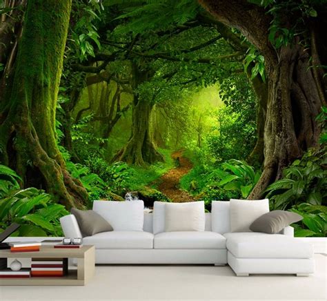 Custom Wallpaper 3d Tropics Forests Waterfall Trees Jungle Nature Modern Forest Path Wall