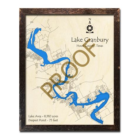 Lake Granbury Texas D Wooden Map Framed Topographic Wood Chart