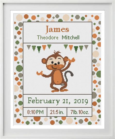 Cross Stitch Baby Birth Sampler Monkey Birth Announcement Jungle By