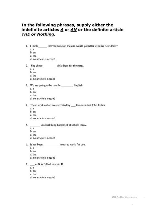 In this video, we cover how to use definite and indefinite articles in english. definite and indefinite article quiz worksheet - Free ESL ...