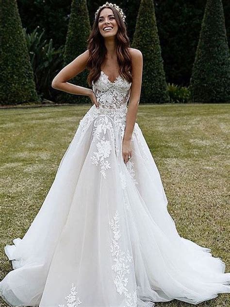 A Line Princess Tulle Sleeveless V Neck Sweep Brush Train Applique Wedding Dresses At Hebeos