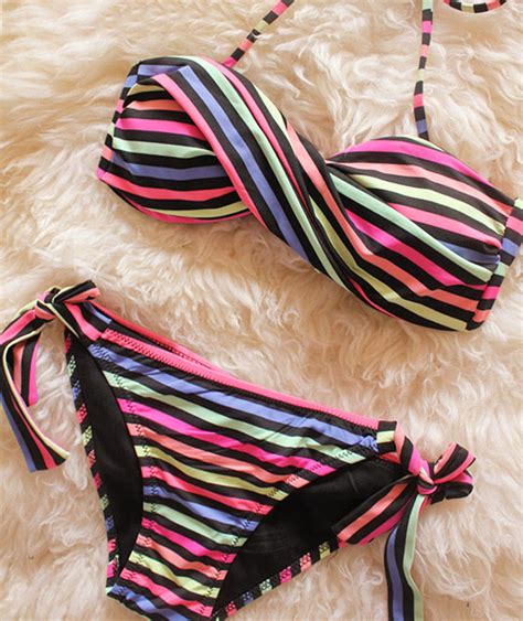 Sexy Beach Color Stripe Triangle Bikini Swimsuit On Luulla