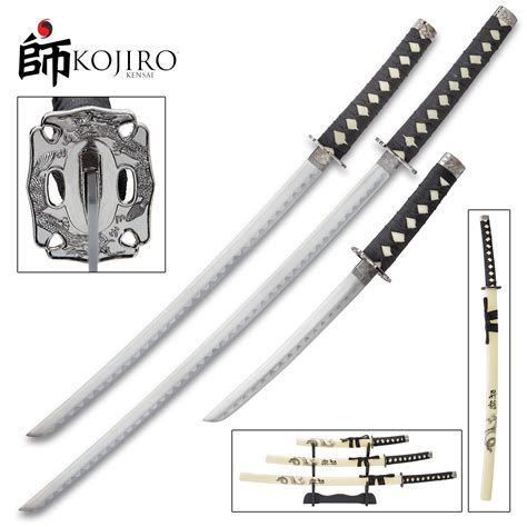Kojiro Dragon Warrior Three Piece Sword Set 1045 Carbon Steel Display