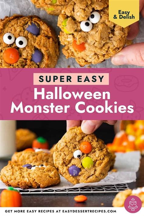 Halloween Monster Cookies With Candy Eyes On Top And Text Overlay That