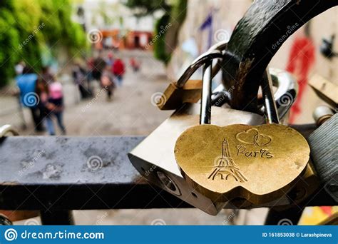 Love Locks Hanging In Bridge With Heart Shaped Padlock Symbol Of Of