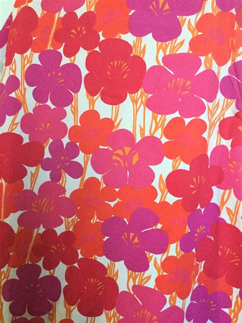 Pink Purple Vintage Fabric Floral Print Flower Power Cotton Fabric