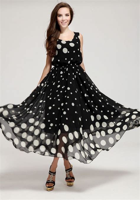 Black Polka Dot Round Neck Chiffon Maxi Dress