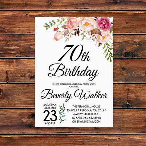70th Birthday Invitation Floral Women Birthday Invitation Etsy
