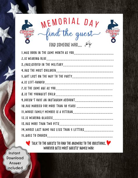 Memorial Day Trivia Game Bundle For Kids And Adults Memorial Etsy