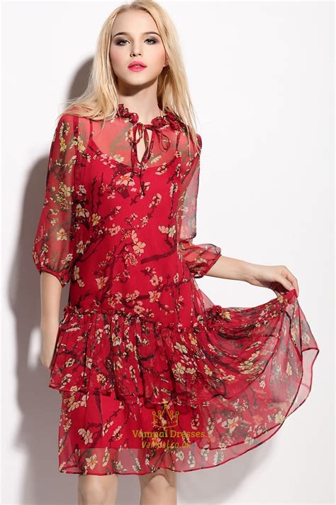 Red Floral Print Chiffon Overlay Knee Length Dress Vampal Dresses