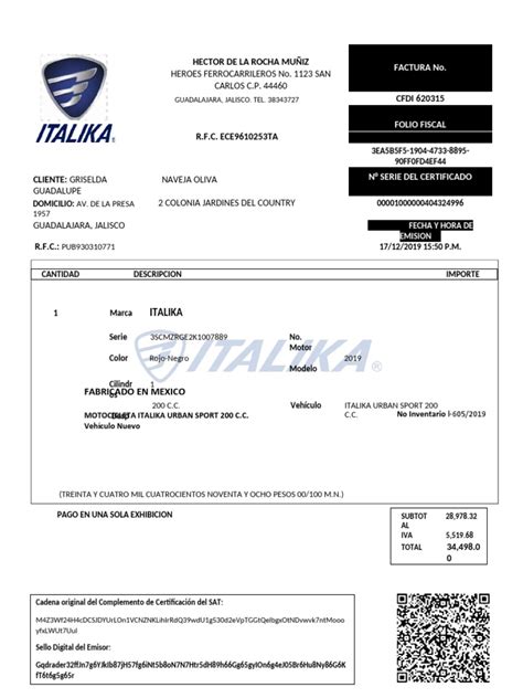 Factura Italika 2019 Pdf Motocicleta Business