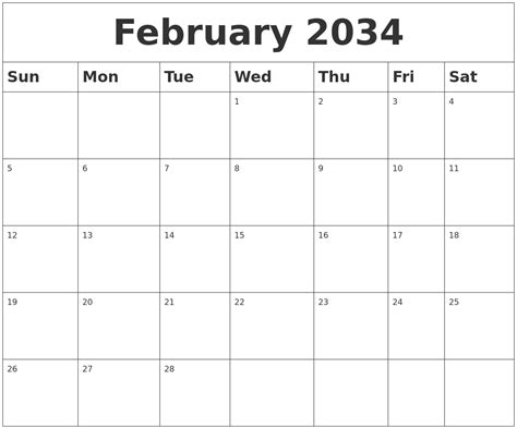 February 2034 Blank Calendar