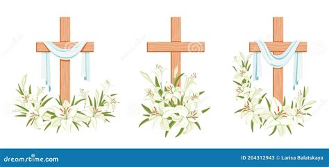 Cross With Lilies Religious Easter Symbol Colorful Set Vector Stock