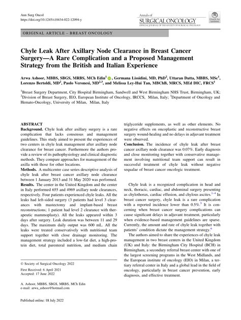 Pdf Chyle Leak After Axillary Node Clearance In Breast Cancer Surgery