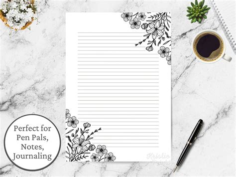 Black And White Floral Lined Paper Printable Stationery Etsy