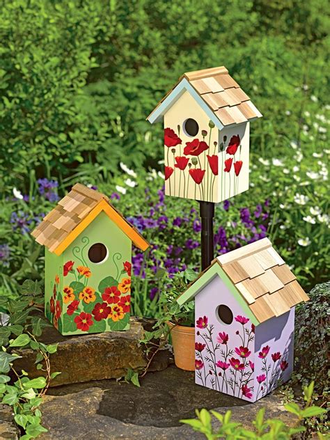 Stampa Floreale Birdhouses Set Di 3 Hand Painted