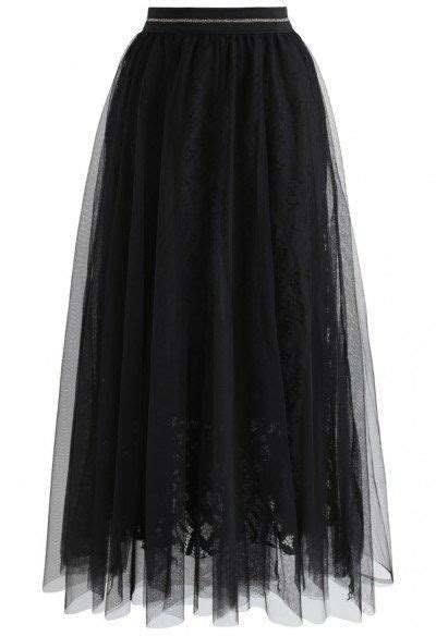 Enter Floral World Tulle Mesh Midi Skirt In Black Tulle Skirt Black