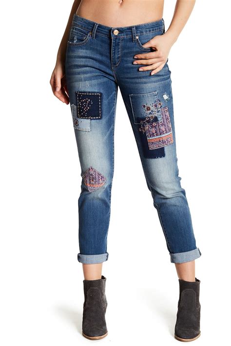 lyst vintage america bestie embellished embroidered patch straight leg jeans in blue