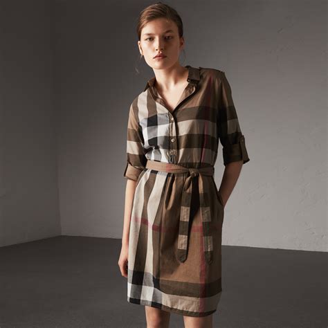 Check Cotton Shirt Dress In Taupe Brown Women Burberry United States