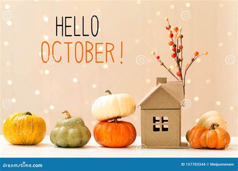 Hello October Message With Pumpkins With A House Stock Photo Image Of