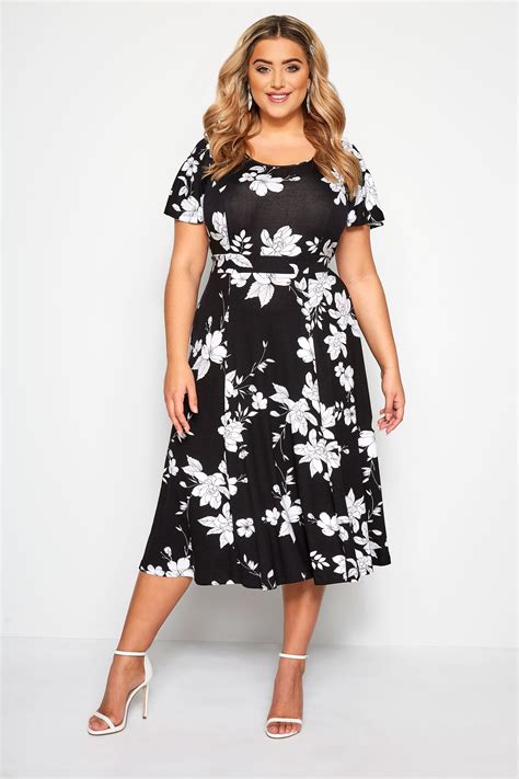 Black And White Floral Midi Dress Yours Clothing