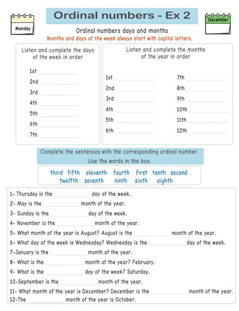 Ordinal Numbers Days And Months Worksheet Days And Months Months In A