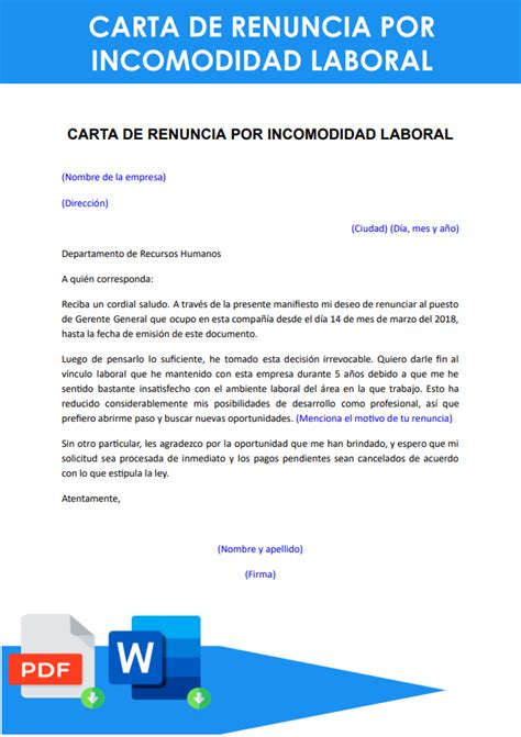Ejemplo De Carta De Renuncia Por Incomodidad Laboral Word