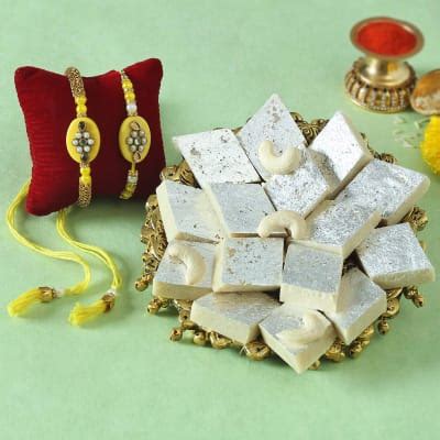 Kadi Kundan Bhaiya Bhabhi Rakhi With Kaju Katli Gift Send Food Gifts