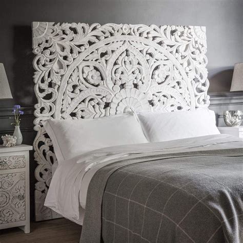 Queen Size Boho Carved Wood Bed Headboard Hand Sculpted Wall Art