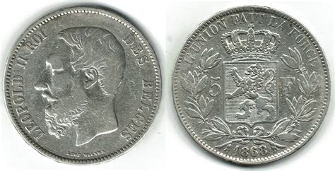 Belgien 5 Francs 1868 Belgium Belgique King Leopold Ii Silver Coin