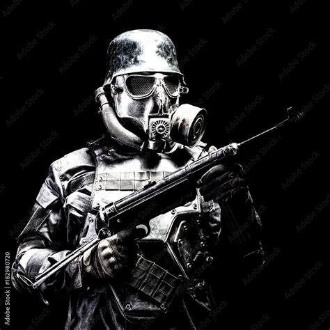 Futuristic Nazi Soldier Gas Mask And Steel Helmet With Schmeisser
