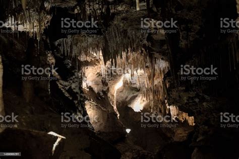 Soda Straw Cave Formation With Drops Of Water Hanging From Them Stock