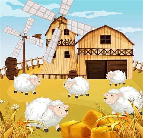 Free Vector Farm Scene In Nature With Barn And Straw